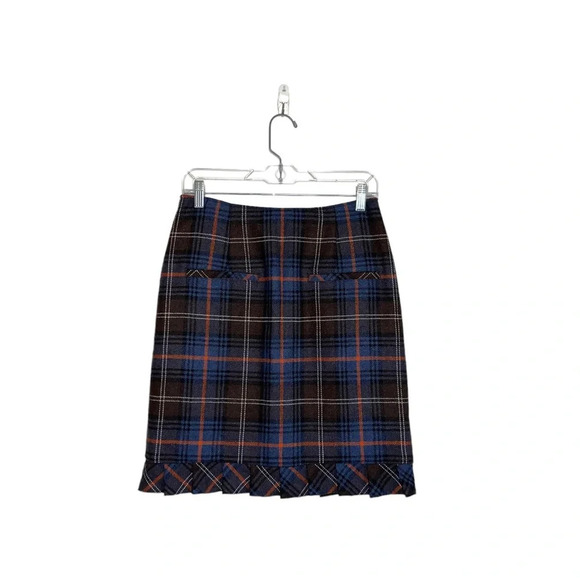 CAbi Brown & Navy Blue Heritage Plaid Ruffle Hem Wool Pencil Skirt 6 Women’s - Picture 1 of 11